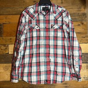 Cody James Shirt Mens Medium Red Plaid Western Shirt Pearl Snap Regular Fit
